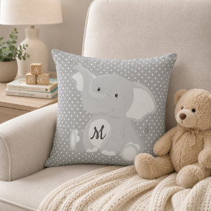 Cute Monogram Elephant Grey and White Polka Dot Throw Pillow