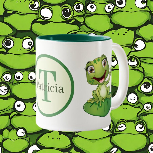 Cute monogram frog add name Two-Tone coffee mug (Creator Uploaded)