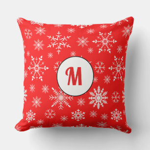 Cute monogram gift red pattern snowflakes unique throw pillow