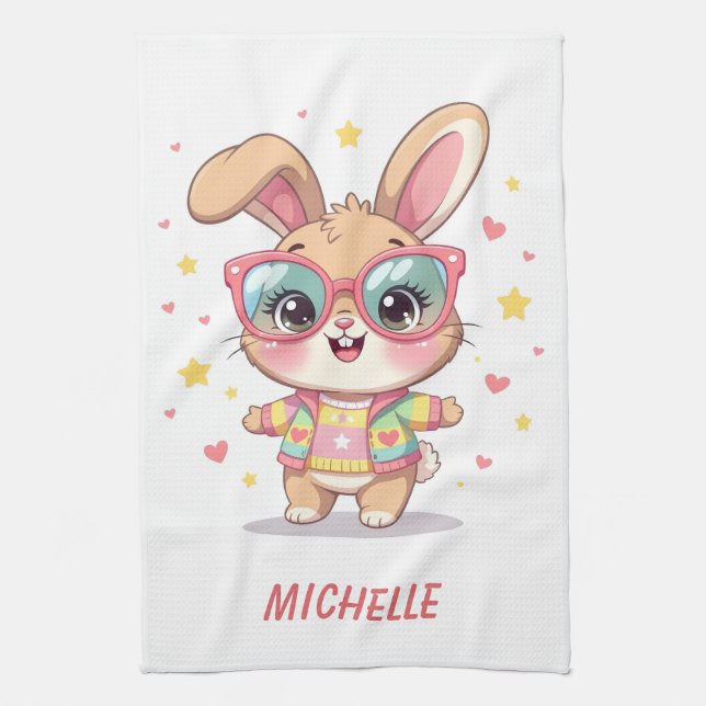 Cute monogram girly bunny wearing glasses kitchen towel (Vertical)