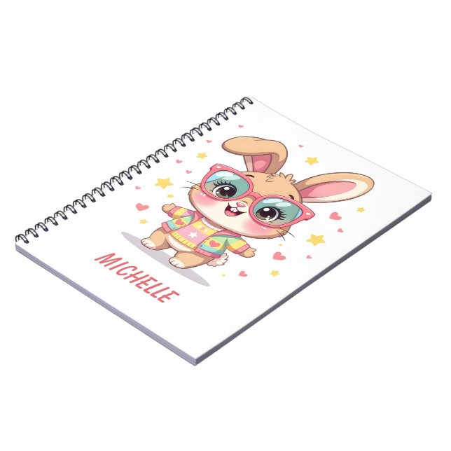 Cute monogram girly bunny wearing glasses notebook (Left Side)