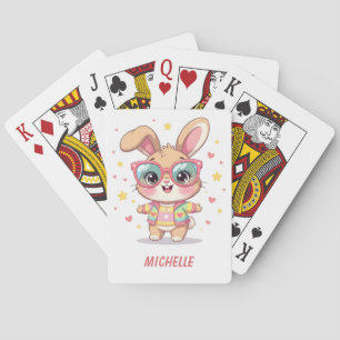 Cute monogram girly bunny wearing glasses playing cards