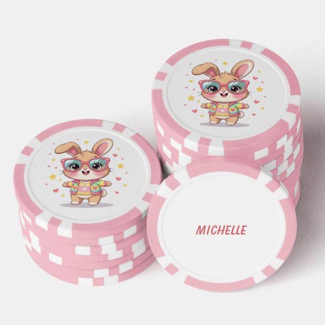 Cute monogram girly bunny wearing glasses poker chips (Stack)