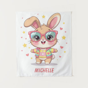 Cute monogram girly bunny wearing glasses tapestry