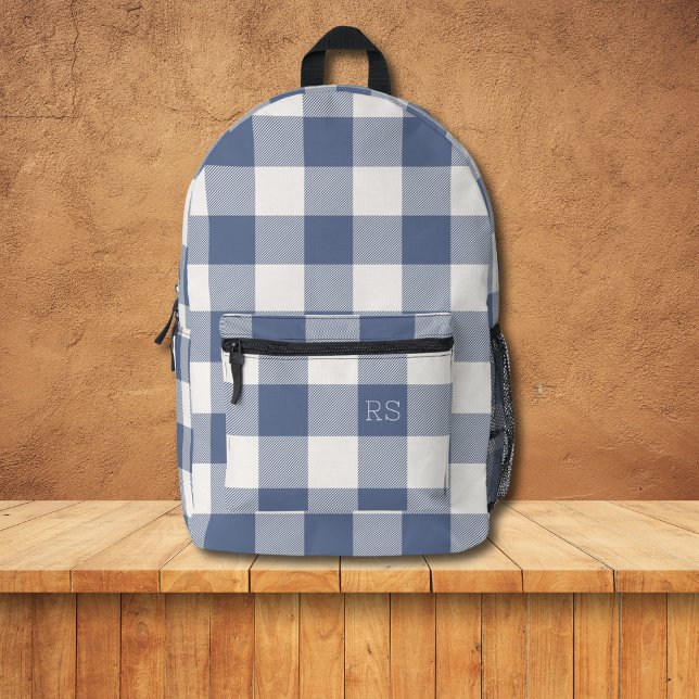 Cute Monogram Initials Blue Gingham Buffalo Check Printed Backpack (Creator Uploaded)
