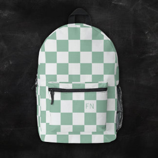 Cute Monogram Initials & Green Chequerboard Printed Backpack