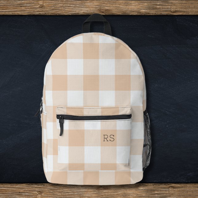 Cute Monogram Initials Peach Gingham Buffalo Check Printed Backpack (Creator Uploaded)