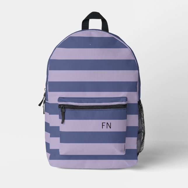 Cute Monogram Initials & Purple Stripes Printed Backpack (Front)
