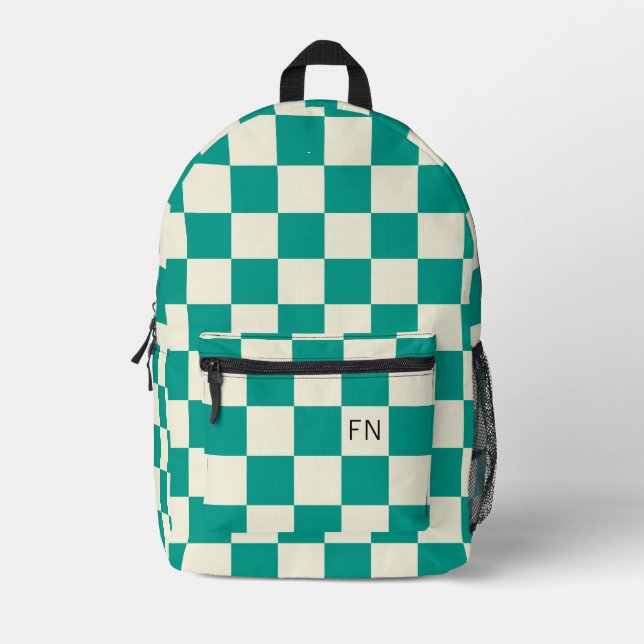 Cute Monogram Initials & Teal Chequerboard Printed Backpack (Front)