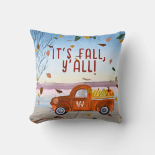 Cute Monogram It's Fall Y'all Orange Truck Pumpkin Throw Pillow