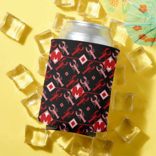 Cute Monogram & Lobster Season Nautical on Black Can Cooler