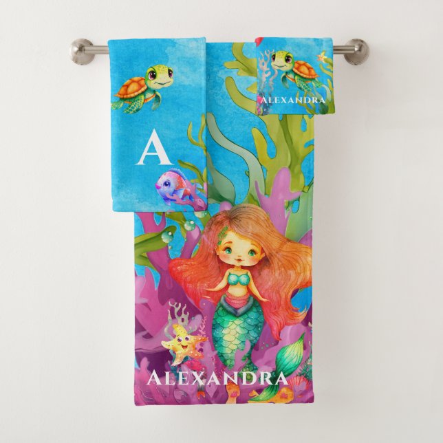 Cute Monogram Mermaid Sea Turtle Dolphin Bath Towel Set (Insitu)