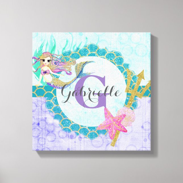 Cute Monogram Mermaid Teal & Purple Watercolor Canvas Print (Front)