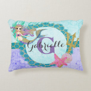 Cute Monogram Mermaid Teal & Purple Watercolor Decorative Pillow