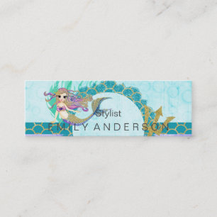Cute Monogram Mermaid Teal & Purple Watercolor Mini Business Card