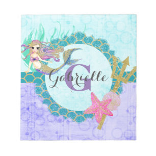 Cute Monogram Mermaid Teal & Purple Watercolor Notepad