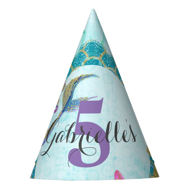 Cute Monogram Mermaid Teal & Purple Watercolor Party Hat (Front)