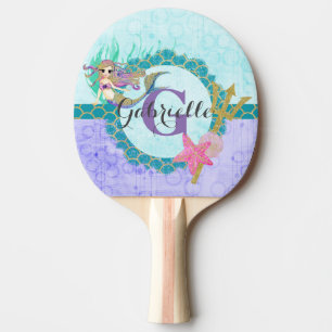 Cute Monogram Mermaid Teal & Purple Watercolor Ping Pong Paddle