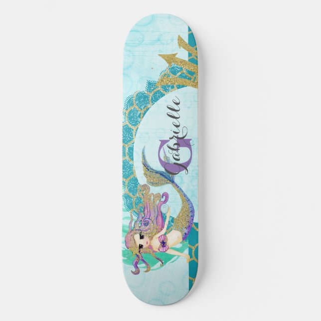Cute Monogram Mermaid Teal & Purple Watercolor Skateboard (Front)