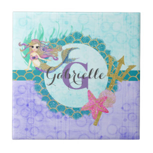 Cute Monogram Mermaid Teal & Purple Watercolor Tile