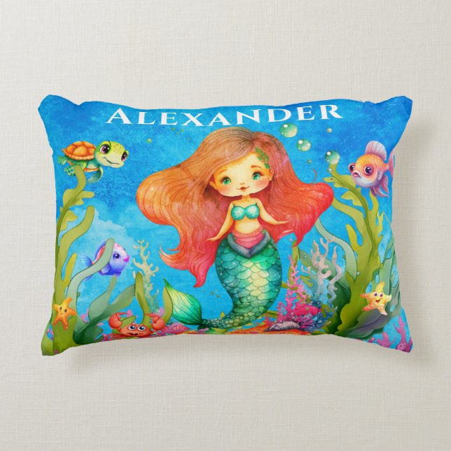 Cute Monogram Name Coastal Mermaid Accent Pillow (Front)