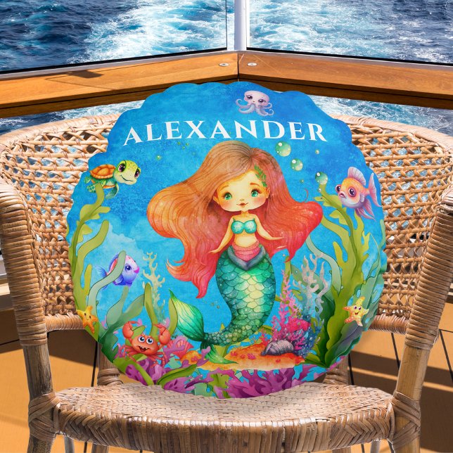 Cute Monogram Name Coastal Mermaid Round Pillow (Creator Uploaded)