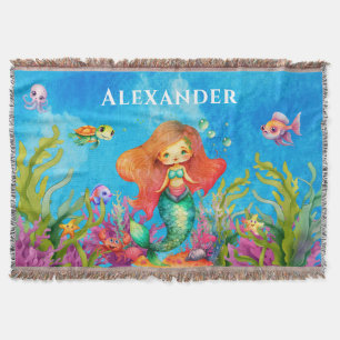Cute Monogram Name Coastal Mermaid Throw Blanket