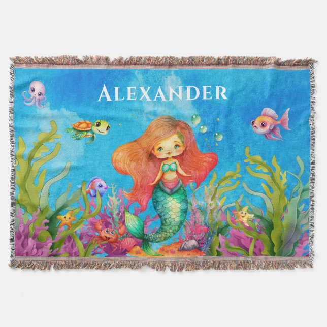 Cute Monogram Name Coastal Mermaid Throw Blanket (Front)
