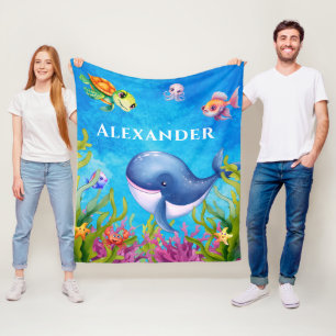 Cute Monogram Name Coastal Sea Turtle and Whale Fleece Blanket