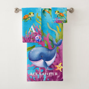 Cute Monogram Name Coastal Sea Turtle and Whale Na Bath Towel Set