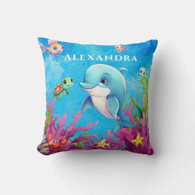 Cute Monogram Name Coastal Sea Turtle Dolphin Throw Pillow (Front)