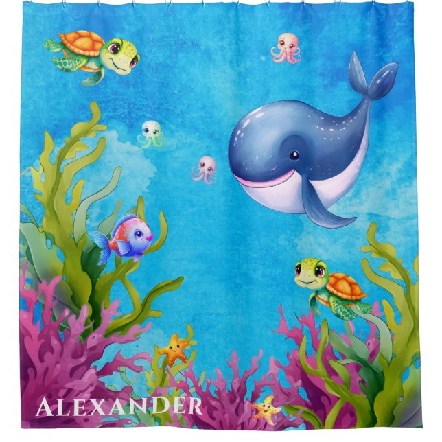 Cute Monogram Name Coastal Sea Turtle Whale (Front)