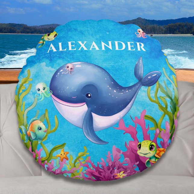 Cute Monogram Name Coastal Sea Turtle Whale Round Pillow (Creator Uploaded)
