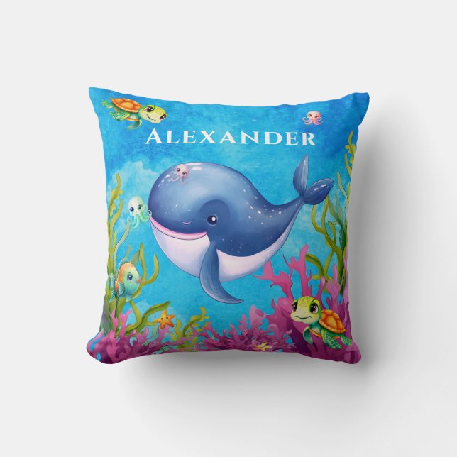 Cute Monogram Name Coastal Sea Turtle Whale Throw Pillow (Front)