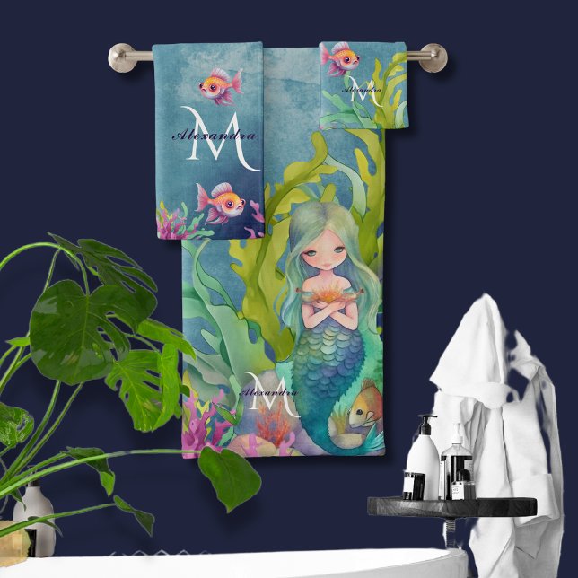 Cute Monogram Name Mermaid Bath Towel Set (Creator Uploaded)