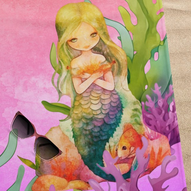 Cute Monogram Name Mermaid Pink  Beach Towel (Creator Uploaded)