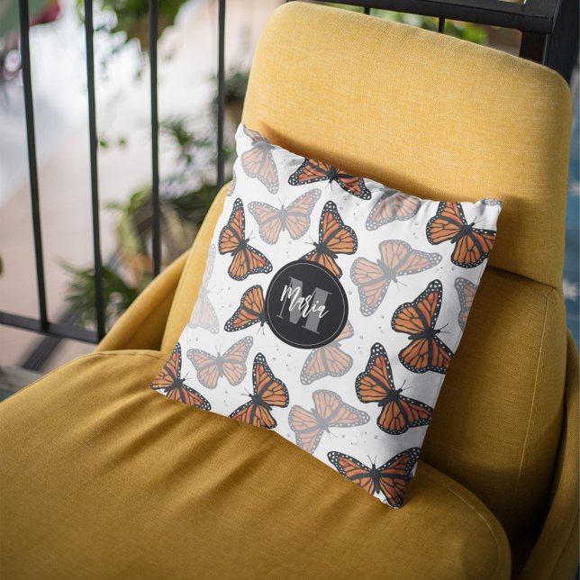 Cute Monogram Nature Butterflies Throw Pillow (Cute monogram butterfly throw pillow with personalized nature-inspired design.)