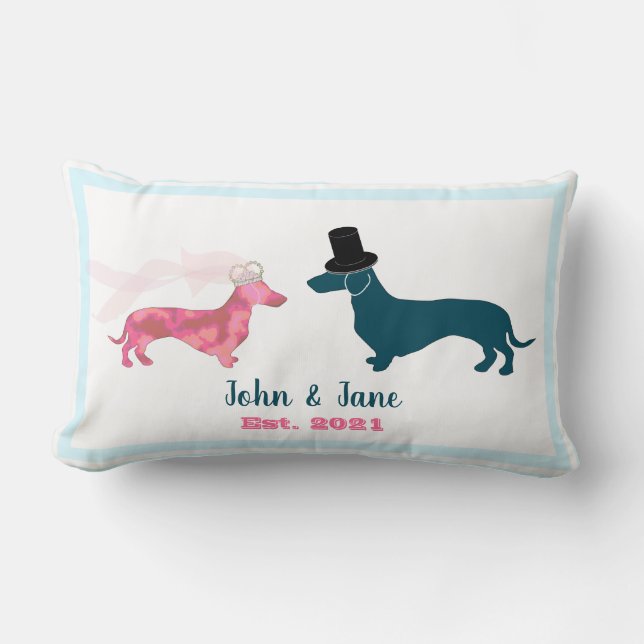 Cute Monogram Newlyweds Dachshund Dogs Pale Blue Lumbar Pillow (Front)