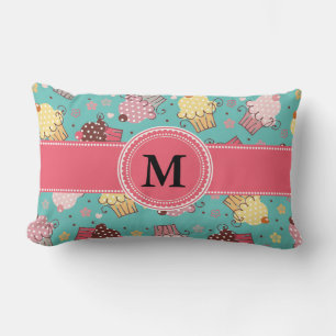 Cute Monogram Pink Teal and Yellow Cupcake Lumbar Pillow