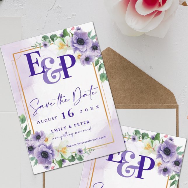 Cute Monogram Purple Floral Wedding Save The Date (Creator Uploaded)