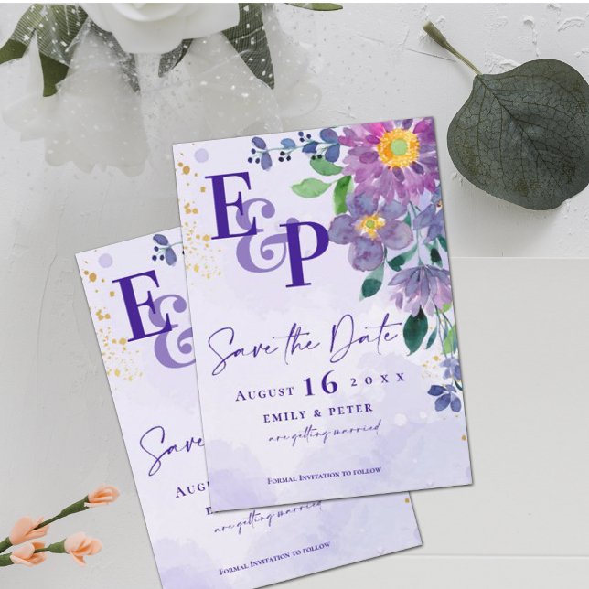 Cute Monogram Purple Floral Wedding Save The Date (Creator Uploaded)