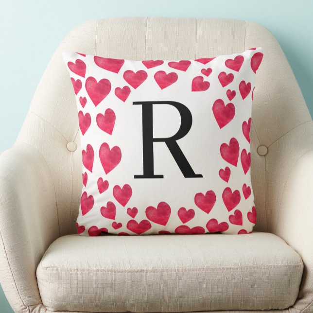 Cute Monogram Red Hearts Custom Monogram Throw Pillow (Creator Uploaded)