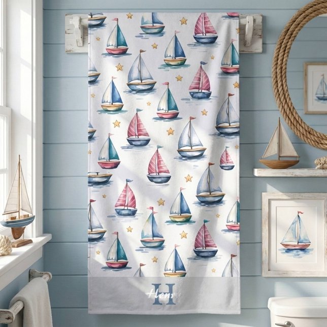 Cute Monogram Sailboat & Name Kids Bath Towel (Creator Uploaded)