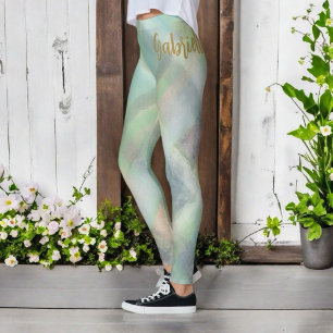 Cute monogram script plaid teal yellow grey green  leggings