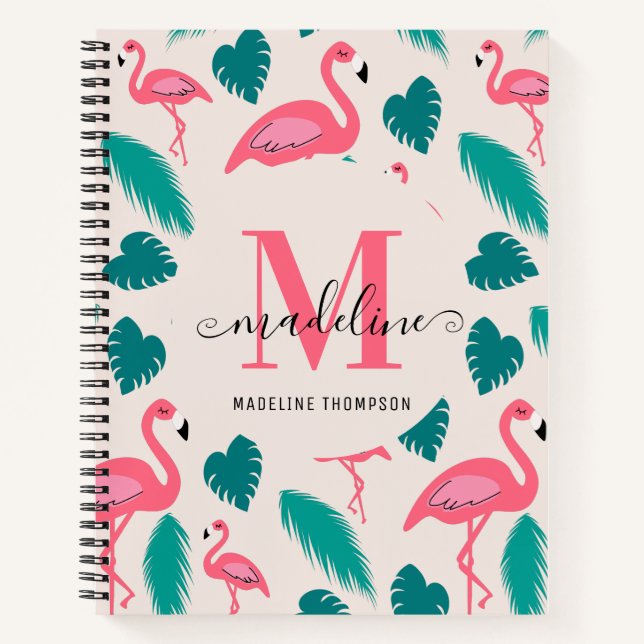 Cute Monogram Tropical Leaves Hot Pink Flamingo Notebook (Front)