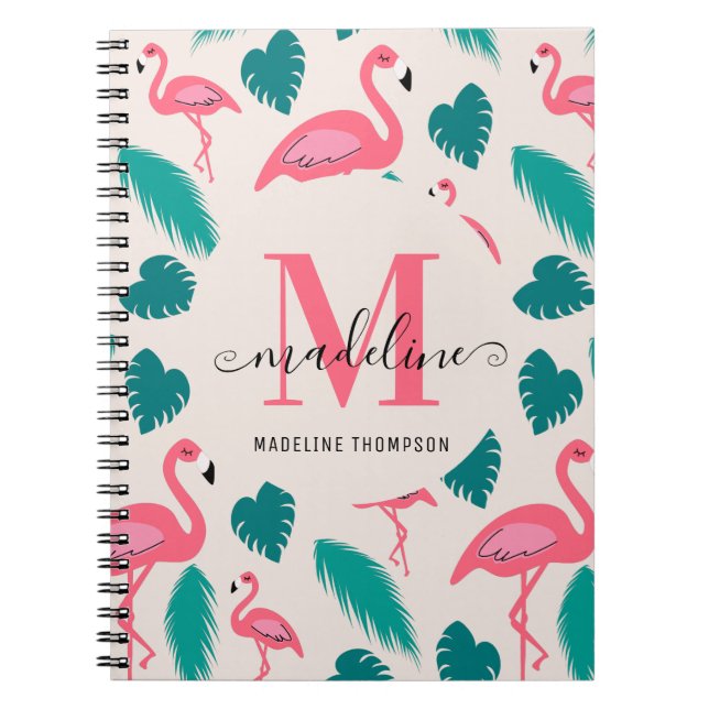Cute Monogram Tropical Leaves Hot Pink Flamingo Notebook (Front)