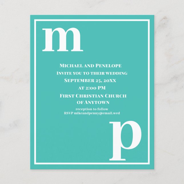 Cute Monogram Turquoise Budget Wedding Invitation Flyer (Front)