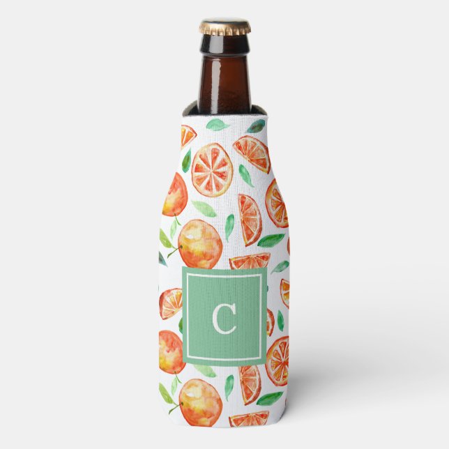 Cute Monogram Watercolor Oranges Citrus Fruit Bottle Cooler (Bottle Front)