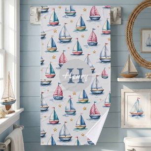 Cute Monogram Watercolor Sailboat & Name Kids Bath Towel