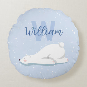 Cute Monogram Winter Polar Bear Nursery Decor Round Pillow